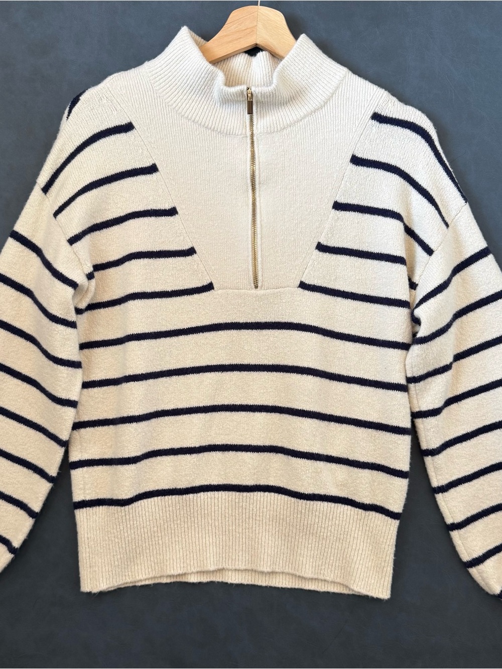 Draper James Navy Striped Half-Zip Mock Neck Sweater - Cream/Navy Size S